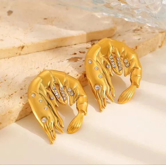 Gold Shrimp Earrings with Silver Accents - Picture 4 of 6
